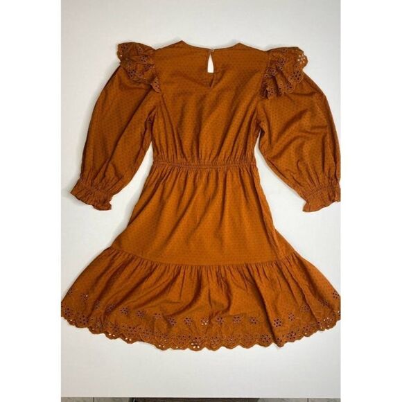 Universal Thread Long Sleeve Dress Small Brown Women's Eyelet-Detail Ruffled NEW - Picture 9 of 13